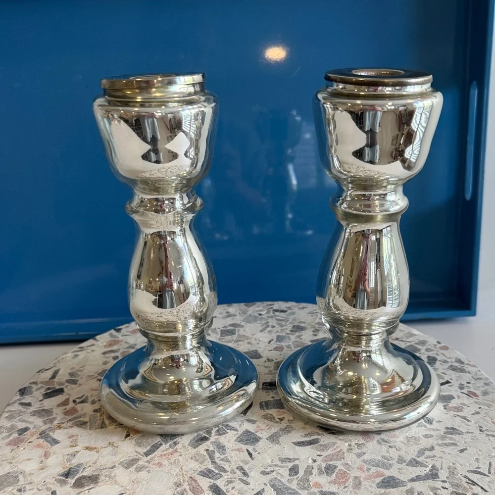 Mercury Glass Turned Style Antique Inspired Candle Sticks (2)